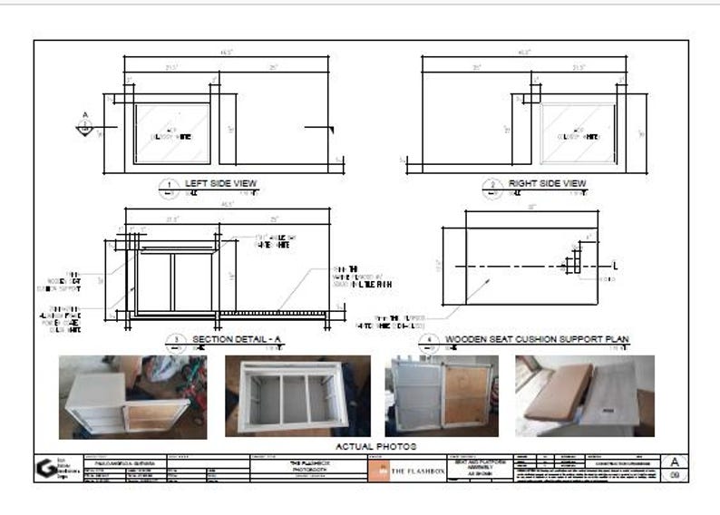 Pu&ograve; includere: Disegni architettonici dettagliati di una struttura in legno, tra cui viste laterali, dettagli di sezione e un piano di supporto per il cuscino del sedile. I disegni includono misure in cm e il testo "THE FLASHBOX". Sono incluse anche foto reali.