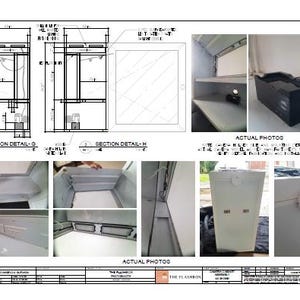 Pu&ograve; includere: Una pagina con disegni architettonici e foto di un fotomaton bianco. I disegni mostrano sezioni dettagliate, mentre le foto mostrano l'interno e l'esterno della cabina, tra cui una scatola nera e un'apertura rotonda.