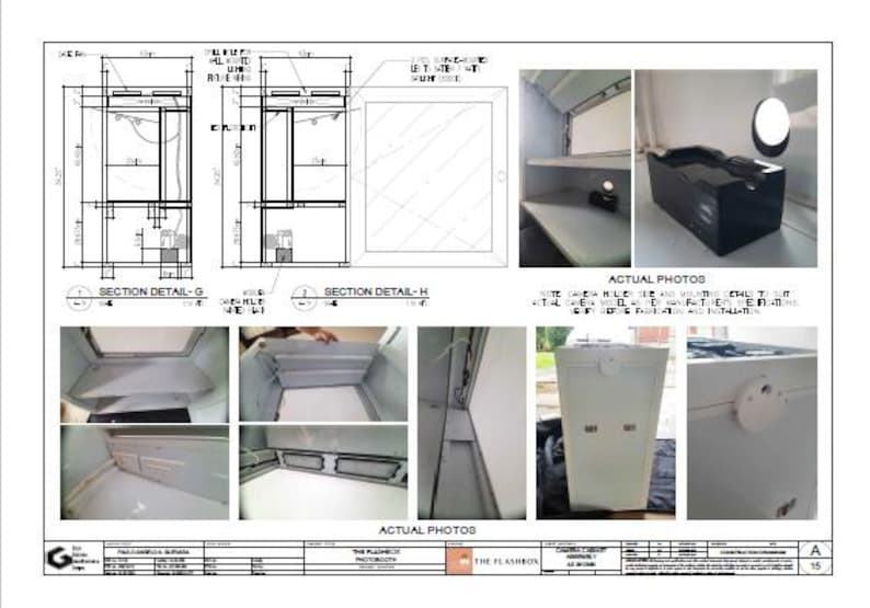 Pu&ograve; includere: Una pagina con disegni architettonici e foto di un fotomaton bianco. I disegni mostrano sezioni dettagliate, mentre le foto mostrano l'interno e l'esterno della cabina, tra cui una scatola nera e un'apertura rotonda.