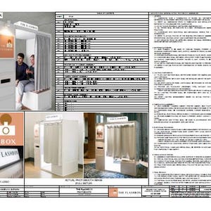 Pu&ograve; includere: Un fotomaton bianco con la scritta "THE FLASHBOX" in alto e su un cartello. La cabina ha una tenda e una luce. Il logo mostra una fotocamera con la scritta "THE FLASHBOX". L'immagine include anche un sommario.
