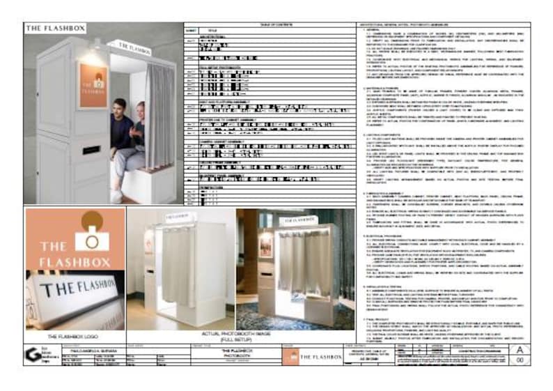 Pu&ograve; includere: Un fotomaton bianco con la scritta "THE FLASHBOX" in alto e su un cartello. La cabina ha una tenda e una luce. Il logo mostra una fotocamera con la scritta "THE FLASHBOX". L'immagine include anche un sommario.