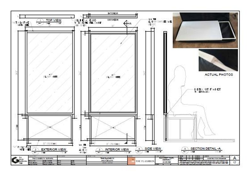 Pu&ograve; includere: Disegno tecnico di un fotomaton, che include viste dall'alto, esterne, interne e laterali, con dimensioni in pollici. Include una sezione di dettaglio e foto reali del prodotto. Il testo "THE FLASHBOX" &egrave; visibile.