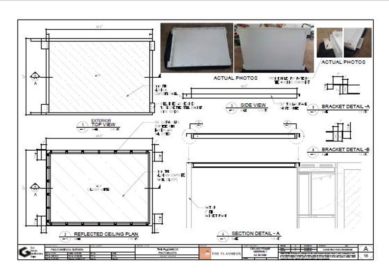 Pu&ograve; includere: Disegno tecnico di una struttura rettangolare, etichettata come cabina fotografica, con vista dall'alto, vista laterale e dettagli delle staffe. Sono incluse foto reali della struttura. Misure in cm.