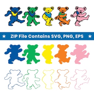 Peut inclure: Plusieurs illustrations d'ours dansants en bleu, vert, jaune, orange et rose. Chaque ours a une palette de couleurs unique et un visage souriant. En dessous, des silhouettes et des contours assortis. Le texte "ZIP File Contains SVG, PNG, EPS" est affiché.