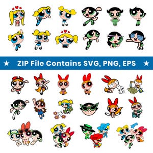 Peut inclure: Illustrations de personnages de dessins animés dans diverses poses et tenues. Les personnages sont principalement des filles avec de grands yeux et des coiffures distinctives. L'image comprend le texte "ZIP File Contains SVG, PNG, EPS".