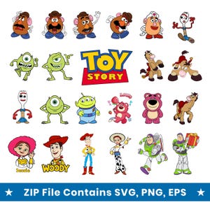 Può includere: Illustrazioni colorate di personaggi dei cartoni animati del film "Toy Story". I personaggi includono Mr. Potato, Mike Wazowski, Woody, Buzz Lightyear e altri. È presente anche il logo "Toy Story".