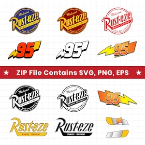 May include: A collection of logos and graphics featuring the "Rust-eze" brand and the number "95". The logos are circular with text, and the number "95" has a lightning bolt design. The text "ZIP File Contains SVG, PNG, EPS" is also present.