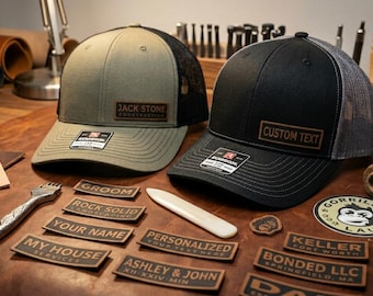 Gorra trucker con parche de cuero personalizado, gorra con logotipo empresarial personalizado, gorra con nombre de empresa, gorra con texto personalizado, regalo corporativo