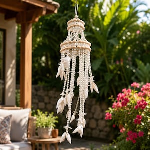 May include: A hanging decorative chandelier made of white shells and small beige beads. The chandelier has multiple strands of shells and beads hanging from a circular frame. The background includes lush green foliage and a hint of a patio setting.