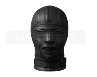 Capuz de couro preto para motociclista, feito à mão, proteção frontal para o rosto, máscara sob medida.