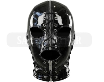 Handmade Black Latex Hood Mask with Zipper & Lace-Up Design | Fetish Mask Made-to-Measure | Custom Fit