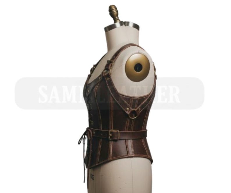 May include: A brown leather corset with adjustable straps and a belt. The corset features a structured design with vertical seams and metal hardware. The garment is displayed on a mannequin, showcasing its form and detailing. The overall aesthetic suggests a vintage or steampunk style.
