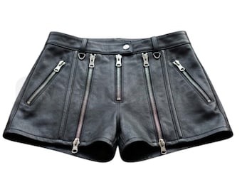 Handgefertigte Schwarze Leder Shorts für Männer/Frauen - Gothic Punk Multi-Zipper Shorts nach Maß
