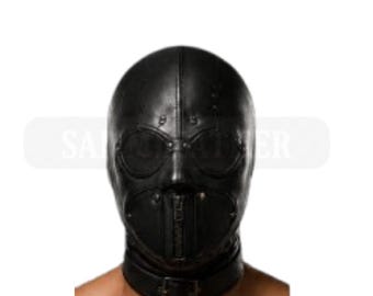 Handgefertigte Vollgesichtsmaske aus schwarzem Leder mit Netzaugenblenden, maßgefertigt