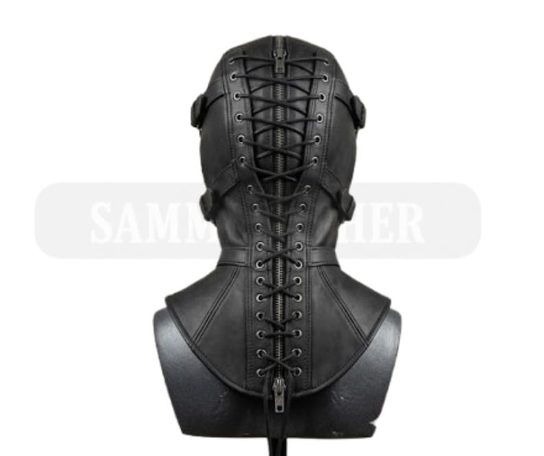 May include: Black leather hood with a zipper and lace-up back. The hood has a high collar and is secured with buckles. The text "SAMM HER" is visible on the image.