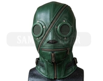 Handgefertigte Grüne Leder Haube für Männer & Frauen Multi-Zipper Vollkopfmaske Maßanfertigung