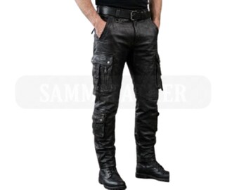Handgefertigte Herren Echtes Schwarz Leder Cargohose Multi-Reißverschluss Designer Taktische Hose nach Maß