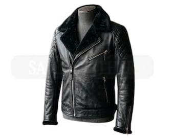 Handgefertigte Herren Schwarz Leder Bikerjacke mit Pelzkragen Motorradjacke Maßangefertigt