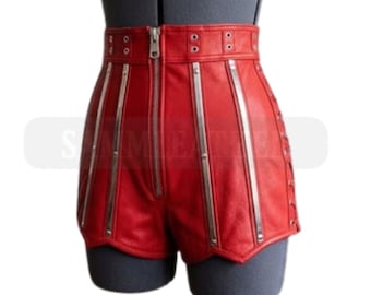 Handgefertigte Rote Leder Shorts mit Stahlstäbchen Hoch taillierte Front-Reißverschluss Maßangefertigt