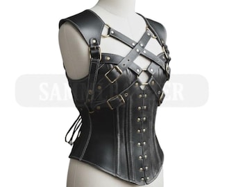 Handmade Black Leather Corset Harness with Buckles Adjustable Strap Made to Measure