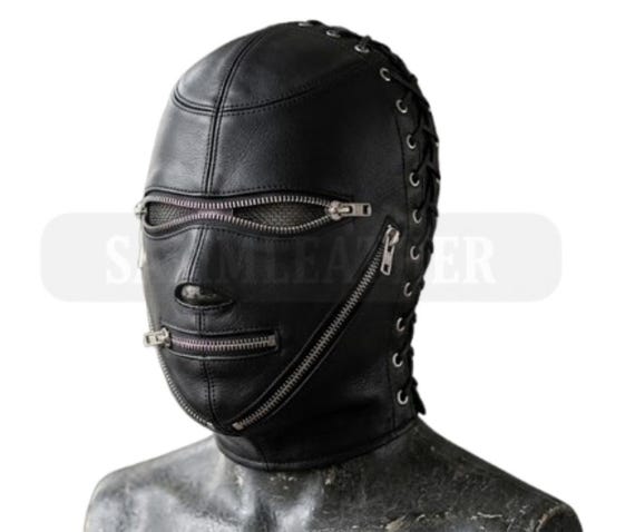 Handmade Full Face Zipper Leather Mask Lace-Up Hood with Multiple Zippers – Made-to-Measure