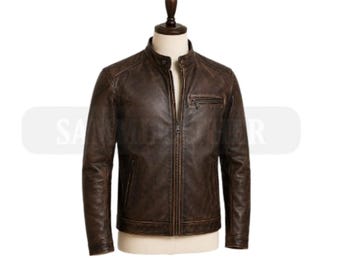 Handgefertigte Distressed Braune Lederjacke für Herren Biker Racer Jacke Maßgeschneidert