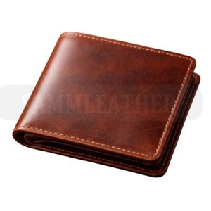 Puede incluir: Una cartera de cuero marrón con un diseño de dos pliegues. La cartera tiene un acabado liso y brillante y está cosida con hilo blanco alrededor de los bordes. La cartera es rectangular y parece estar vacía.