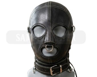 Handmade Black Leather Hood Mask with Zipper Back & Lace Up Closure Made to Measure