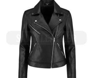 Handgefertigte Mia Duggan Damen Moto-Lederjacke - Asymmetrischer Doppelfahrer auf Maß