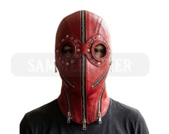 Handgemachte benutzerdefinierte rote Leder Steampunk Fliegermaske Multi-Reißverschluss Vollgesichtshaube Maßanfertigung