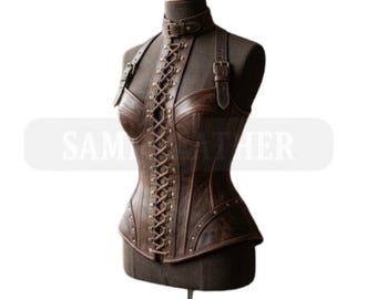 Handmade Genuine Leather Corset Harness Vest – Lace-Up Steampunk Bodice Armor – Custom Made to Measure