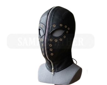 Handmade Genuine Leather Hood with Lace Back Black Full Head Mask Made to Measure