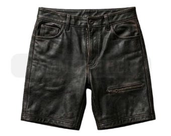 Handgefertigte Herren Braun Schwarz Leder Shorts - Echtes Leder mit Oberschenkel Reißverschluss nach Maß