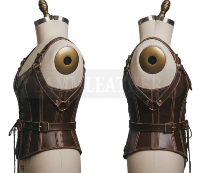 May include: A brown leather corset with a steampunk aesthetic. The corset features a fitted design with straps, buckles, and stitching details. The garment is displayed on a mannequin with a gold-colored shoulder detail.