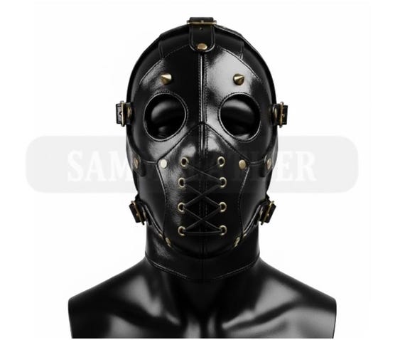 Handmade Black Leather Hood Mask Studded Full Head Mask with Buckles Made to Measure