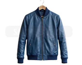 Handmade Genuine Blue Leather Bomber Jacket for Men , Rib Knit Coat Made To Measure