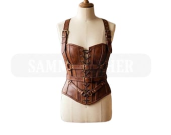 Handgefertigtes Braunes Leder Korsett Bustier Top mit Rückenschnürung auf Maß angefertigt