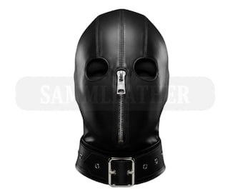 Handmade Black Genuine Leather Hood Mask with Front Zipper & Collar Buckle Made to Measure