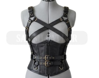 Handmade Black Leather Corset Harness Belt Gothic Waist Cincher Harness Made To Measure