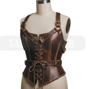 Handmade Steampunk Brown Leather Corset Vest for Women Gothic Harness Style Made to Measure image 1