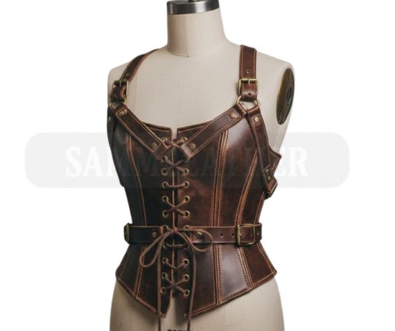 Handmade Steampunk Brown Leather Corset Vest for Women Gothic Harness Style Made to Measure