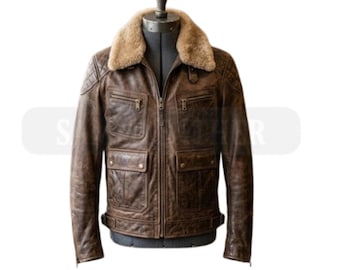Handgefertigte Herren Distressed braune Lederjacke mit Lammkragen echtes Leder nach Maß