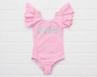 Pink First Birthday "One" Flutter Sleeve Leotard in Gold or Silver Glitter - Smash Cake - Photo Shoot - 1st Birthday - Baby Leotard - Girl