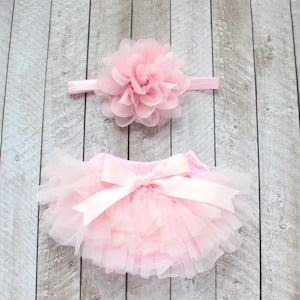 Baby Girl Ruffle Bottom Tutu Bloomer & Headband Set in Light Pink - Newborn Photo Set - Cake Smash - Diaper Cover - Baby Gift - 1st Birthday