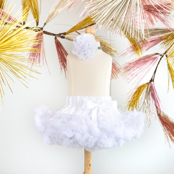 Pettiskirt With Silver Glitter & White Flower Headband - White Skirt - Flower Girl - First Birthday Outfit - Newborn Photos - infant tutu