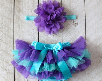 Baby Girl Ruffle Bottom Tutu Bloomer & Headband Set in Mermaid Purple/Turquoise Ombre - Newborn - Cake Smash - Diaper Cover - 1st Birthday