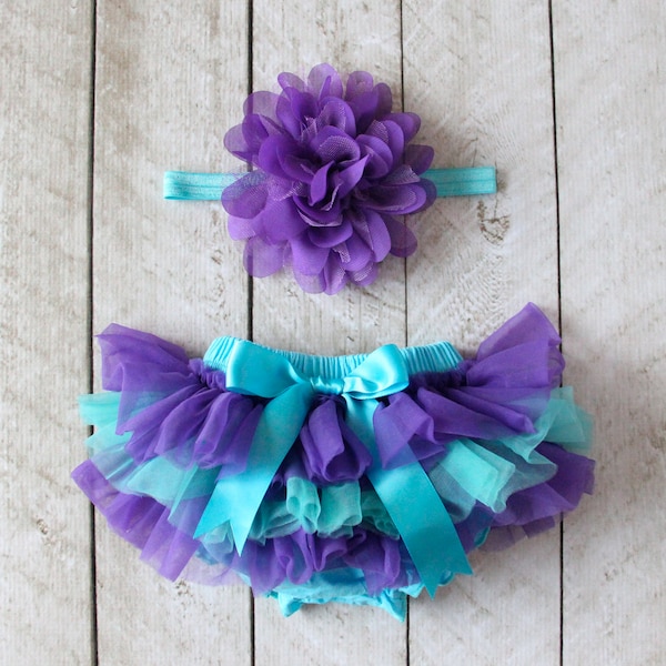 Baby Girl Ruffle Bottom Tutu Bloomer & Headband Set in Mermaid Purple/Turquoise Ombre - Newborn - Cake Smash - Diaper Cover - 1st Birthday