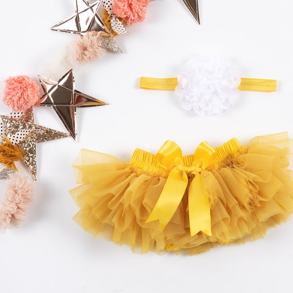 Baby Girl Ruffle Bottom Tutu Bloomer & Headband Set in Golden Yellow - Newborn Photo - Cake Smash - Diaper Cover - Baby Gift - 1st Birthday