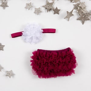 Baby Girl Ruffle Bottom Bloomer & Headband Set in Maroon / Burgundy - Newborn Photo Set - Infant Bloomers - Diaper Cover - Baby Gift