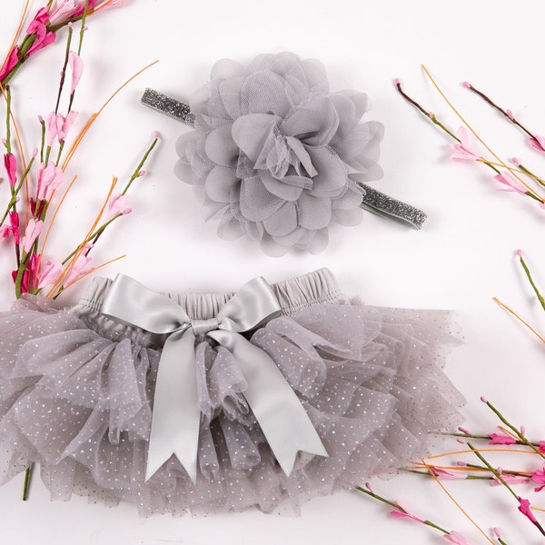 Baby Girl Ruffle Bottom Tutu Bloomer & Headband Set in Gray and Silver Glitter - Newborn Photo - Diaper Cover - Baby Gift - First Birthday